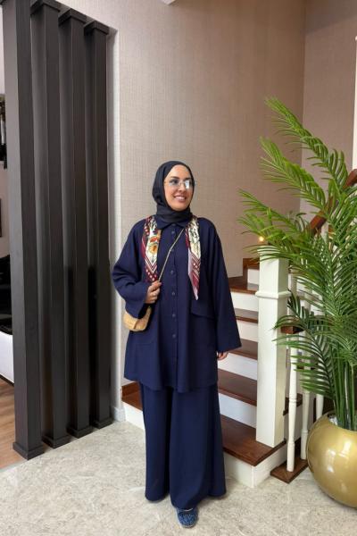 Cep Detaylı Keten Takım Lacivert
