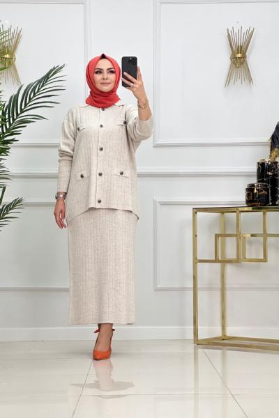AYBÜKE ETEKLİ TAKIM-BEJ Bej
