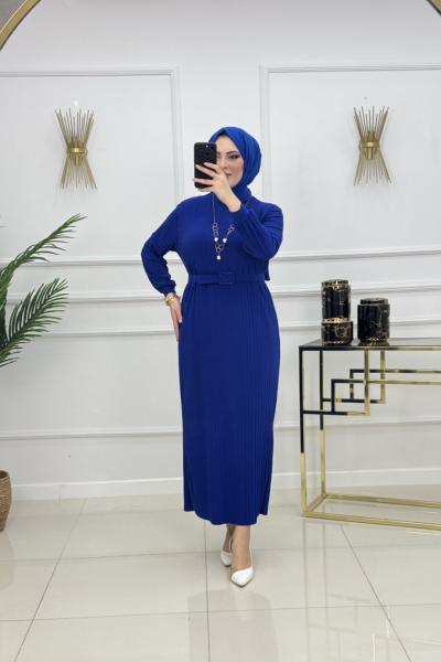 NAZLI PİLİSELİ ELBİSE-SAKS MAVİSİ Saks Mavisi