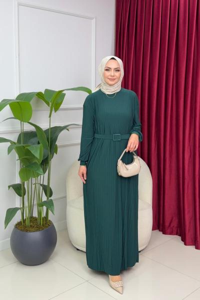 NAZLI PİLİSELİ ELBİSE - ZÜMRÜT Zümrüt