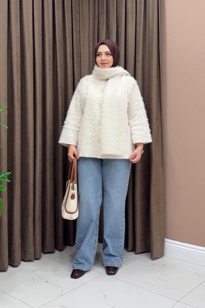 Atkılı Peluş Ceket - Taş rengi