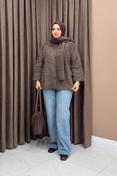 Atkılı Peluş Ceket - Kahve