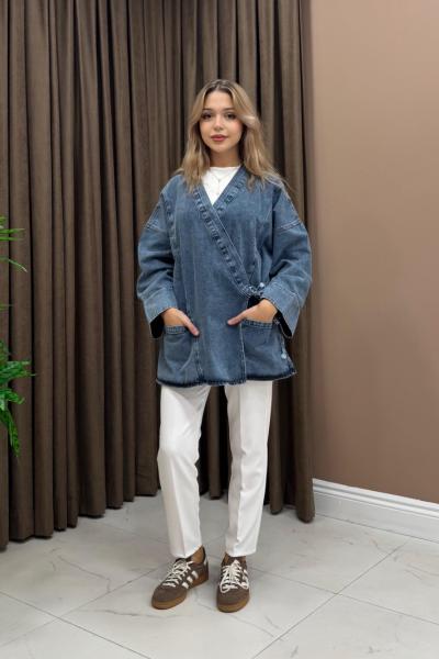 Bağlamalı Kot Ceket - Mavi