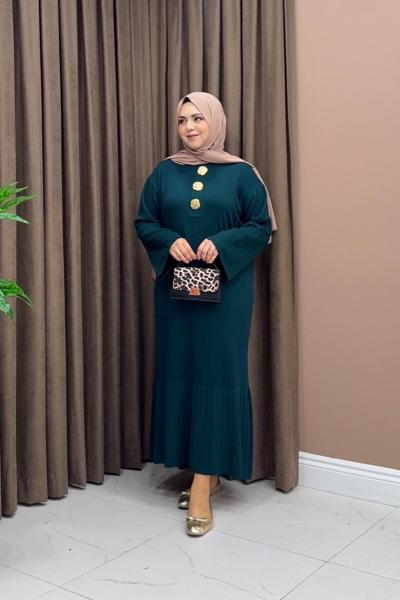 Broşlu Merserize Elbise - Zümrüt