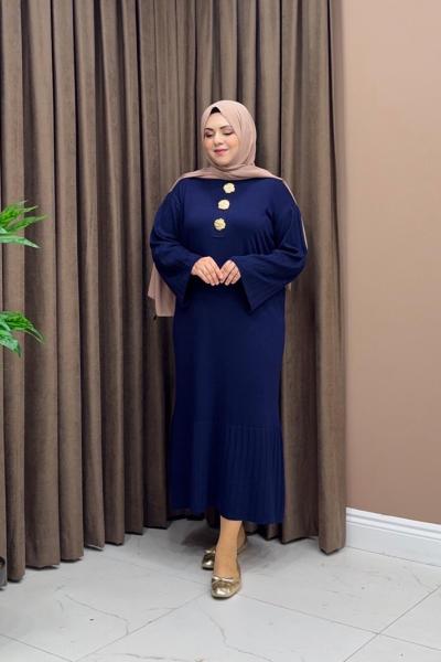 Broşlu Merserize Elbise - Lacivert