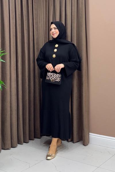 Broşlu Merserize Elbise - Siyah