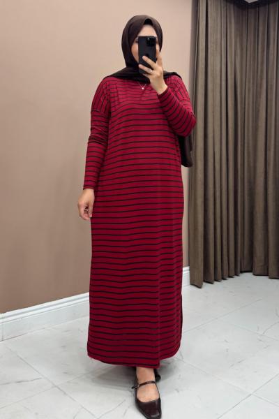 Çizgili Elbise - Bordo