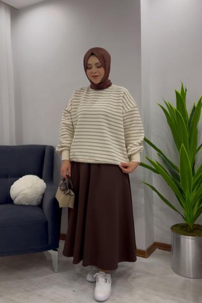 Çizgili Sweat - Vizon