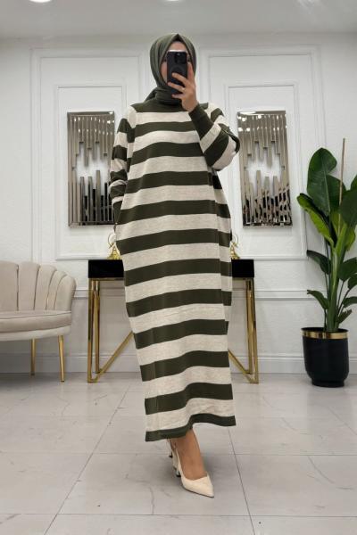 Çizgili Triko Elbise - Haki