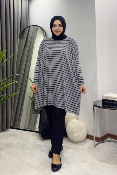 Çizgili Tunik - Gri