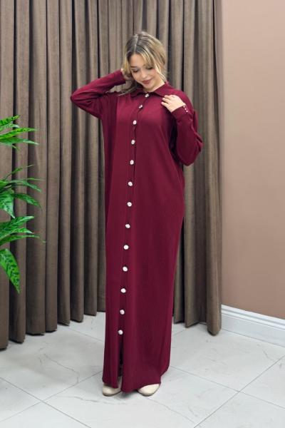 Düğmeli Uzun Hırka / Elbise - Bordo