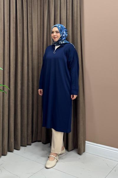 Fermuarlı Merserize Tunik - Lacivert