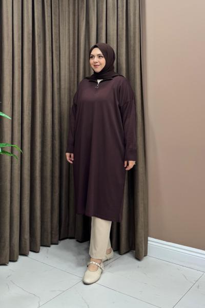 Fermuarlı Merserize Tunik - Acı kahve