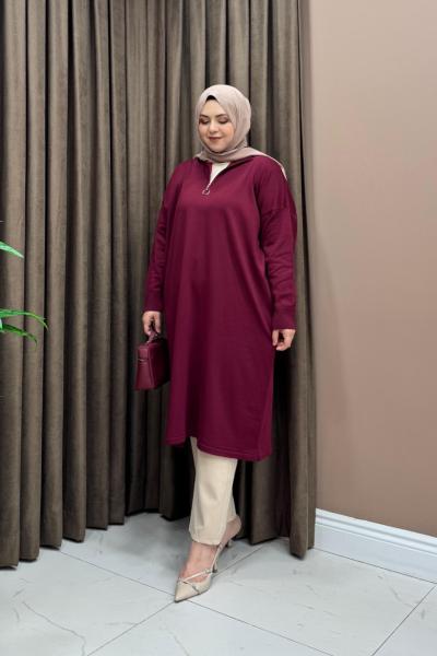 Fermuarlı Merserize Tunik - Bordo