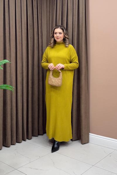 Fitilli Triko Elbise - Yağ Yeşili