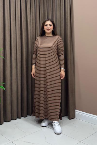Hira Çizgili Elbise - Camel