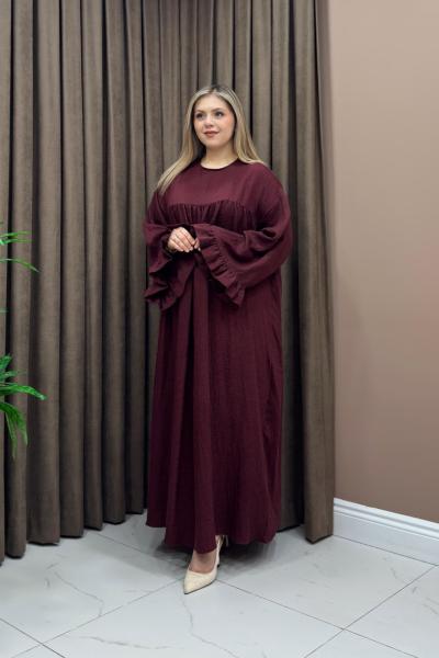 Kolu Fırfır Elbise - Bordo